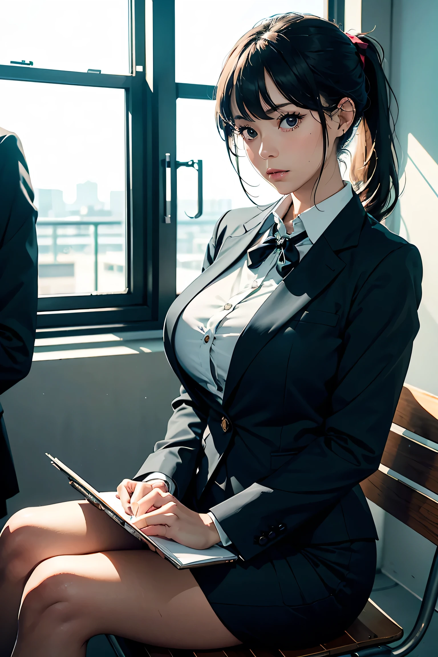 Masterpiece, high quality, 8k, ultra detail, dynamic angle, dynamic poses,(office suit), (large breast), (cleavage), office girl, (bare thigh), (wavy hair),