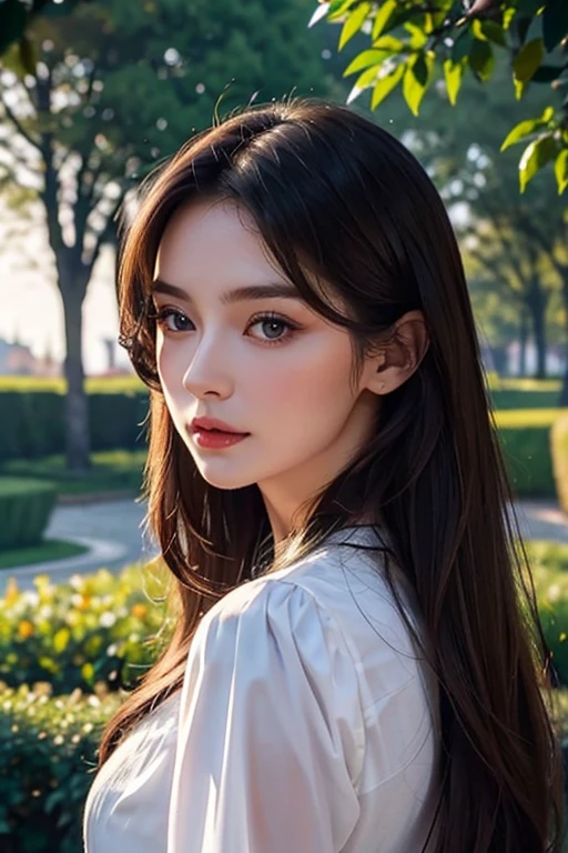 Eastern European beauty、A stunning beauty in her late 30s、Brunette Long Hair、Perfect Makeup、Royal women、Elegant Dresses、In the garden、Looking back、Bust Shot、Draw the details of the face carefully、