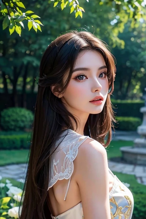 Eastern European beauty、A stunning beauty in her late 30s、Brunette Long Hair、Perfect Makeup、Royal women、Elegant Dresses、In the garden、Looking back、Bust Shot、Draw the details of the face carefully、