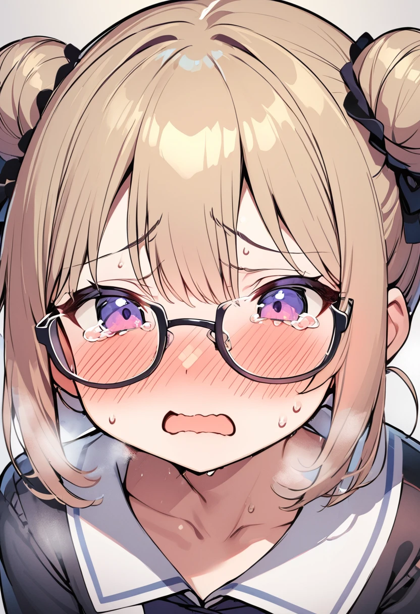 (Highest Quality,Ultra Fine,Absolute Resolution:1.1), Beautiful Face,Full Color,(One Woman,30 Years:1.1),(Tears:0.8),(Embarrassment,Blush:1.4),(Sweat:1.3),(Steam:1.3),Hair in a Bun,Glasses,Squat)