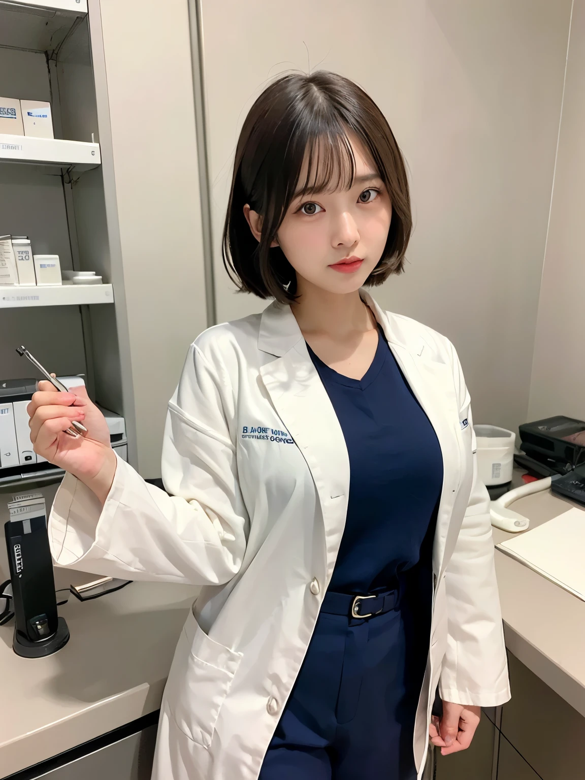 ((Top Quality, 8k, Masterpiece: 1.3)), ((1 girl)), woman, (Huge Breasts:1.2), ((White lab coat)), ((paired with navy blue pants)), holding a clipboard and standing near laboratory equipment, Posing like a model, gold earring, (Women in Japan:1.05), ((short bob hair)), diffused natural skin glow, physically-based rendering, extra detailed face, Detailed skin, mole:0.1, disdaining face, full-face blush, embarrassed, troubled eyebrows, In a pharmaceutical lab, standing near scientific equipment with test tubes and laboratory devices around, upper body shot, front view, from below