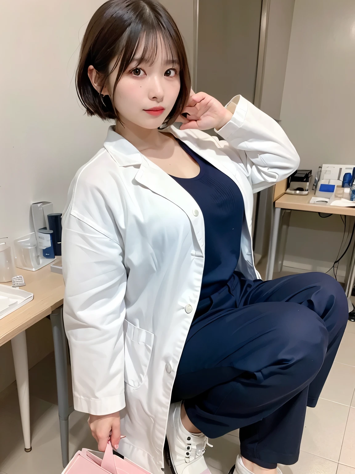squatting:1.4, ((Top Quality, 8k, Masterpiece: 1.3)), ((1 girl)), woman, (Huge Breasts:1.2), ((White lab coat)), ((paired with navy blue pants)), holding a clipboard and standing near laboratory equipment, Posing like a model, gold earring, (Women in Japan:1.05), ((short bob hair)), diffused natural skin glow, physically-based rendering, extra detailed face, Detailed skin, mole:0.1, disdaining face, full-face blush, embarrassed, troubled eyebrows, In a pharmaceutical lab, standing near scientific equipment with test tubes and laboratory devices around, upper body shot, front view, from below