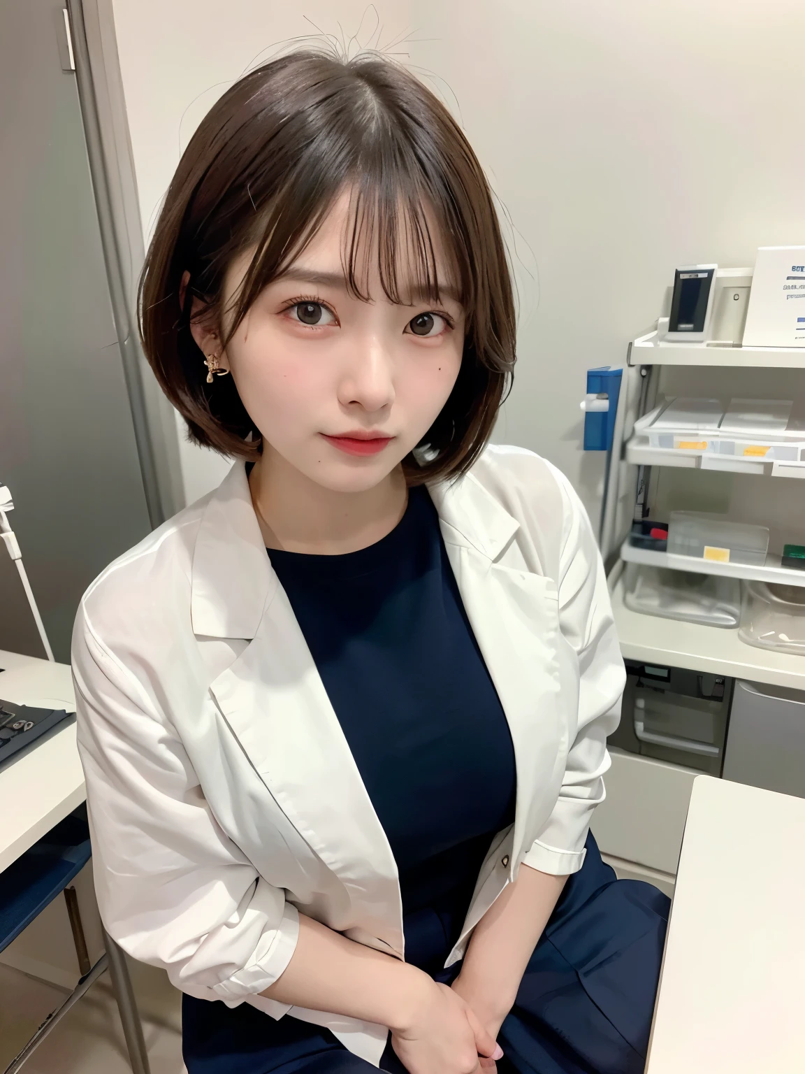 squatting:1.4, ((Top Quality, 8k, Masterpiece: 1.3)), ((1 girl)), woman, (Huge Breasts:1.2), ((White lab coat)), ((paired with navy blue pants)), holding a clipboard and standing near laboratory equipment, Posing like a model, gold earring, (Women in Japan:1.05), ((short bob hair)), diffused natural skin glow, physically-based rendering, extra detailed face, Detailed skin, mole:0.1, disdaining face, full-face blush, embarrassed, troubled eyebrows, In a pharmaceutical lab, standing near scientific equipment with test tubes and laboratory devices around, upper body shot, front view, from below