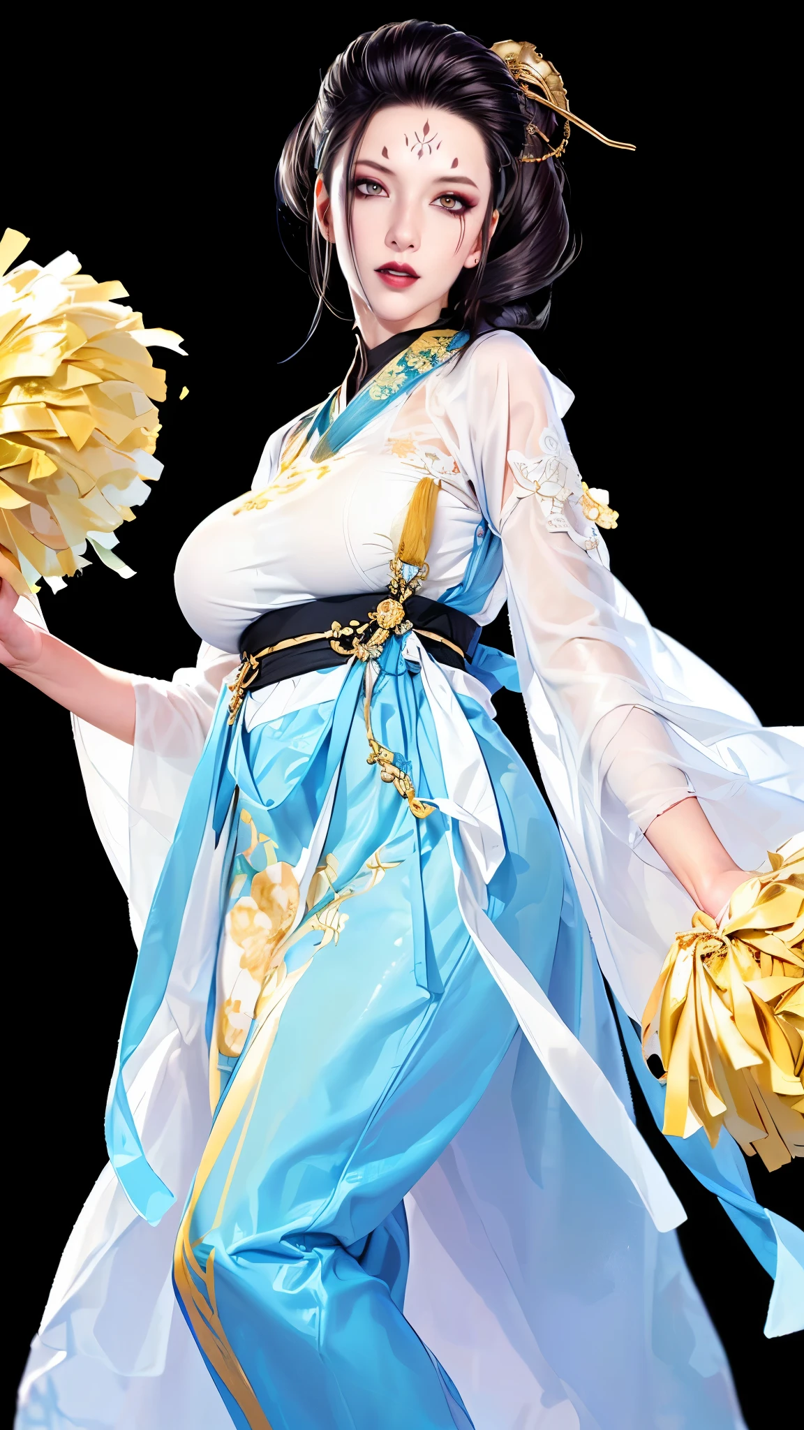 (（（figure，御姐figure,White and tender skin,(((Hanfu,blue and gold Hanfu))),(((black hair,hair ornament,hair stick,makeup,forehead mark,facial mark,lipstick,black lips,))),((masterpiece)),highres,((Best quality at best)),masterpiece,quality,Best quality,(（（ Exquisite facial features,Looking at the audience,There is light in the eyes, happy，cheer））），Huge breasts，Black background））），((((a girl, very happy, )))),