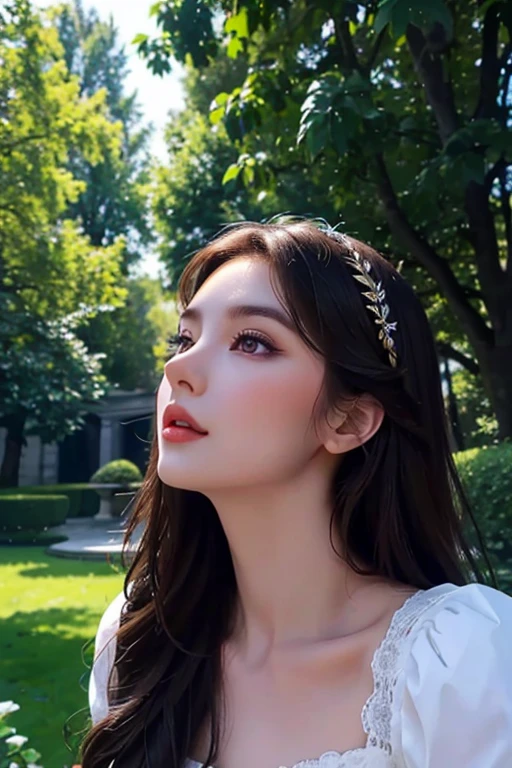 Eastern European beauty、A stunning beauty in her late 30s、Brunette Long Hair、Perfect Makeup、Royal women、Elegant Dresses、In the garden、Looking up from below、Bust Shot、Draw the details of the face carefully、