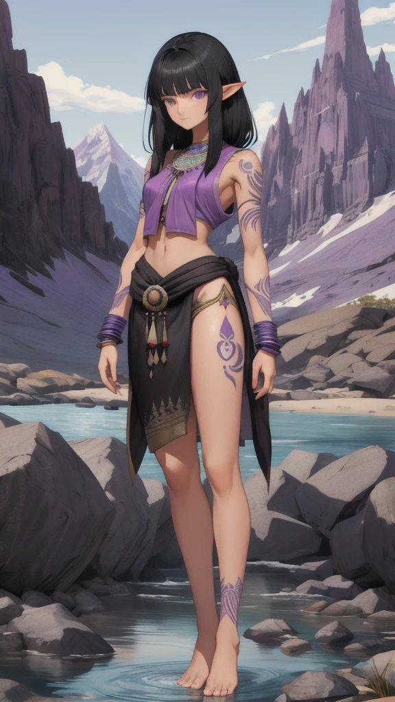 Black-haired, gray-skinned, pointed-eared woman，indian clothing，Purple full body tattoo，short man，Bare arms，Bare waist，slim figure，Bare Legs，barefoot，Standing，Mountain stream