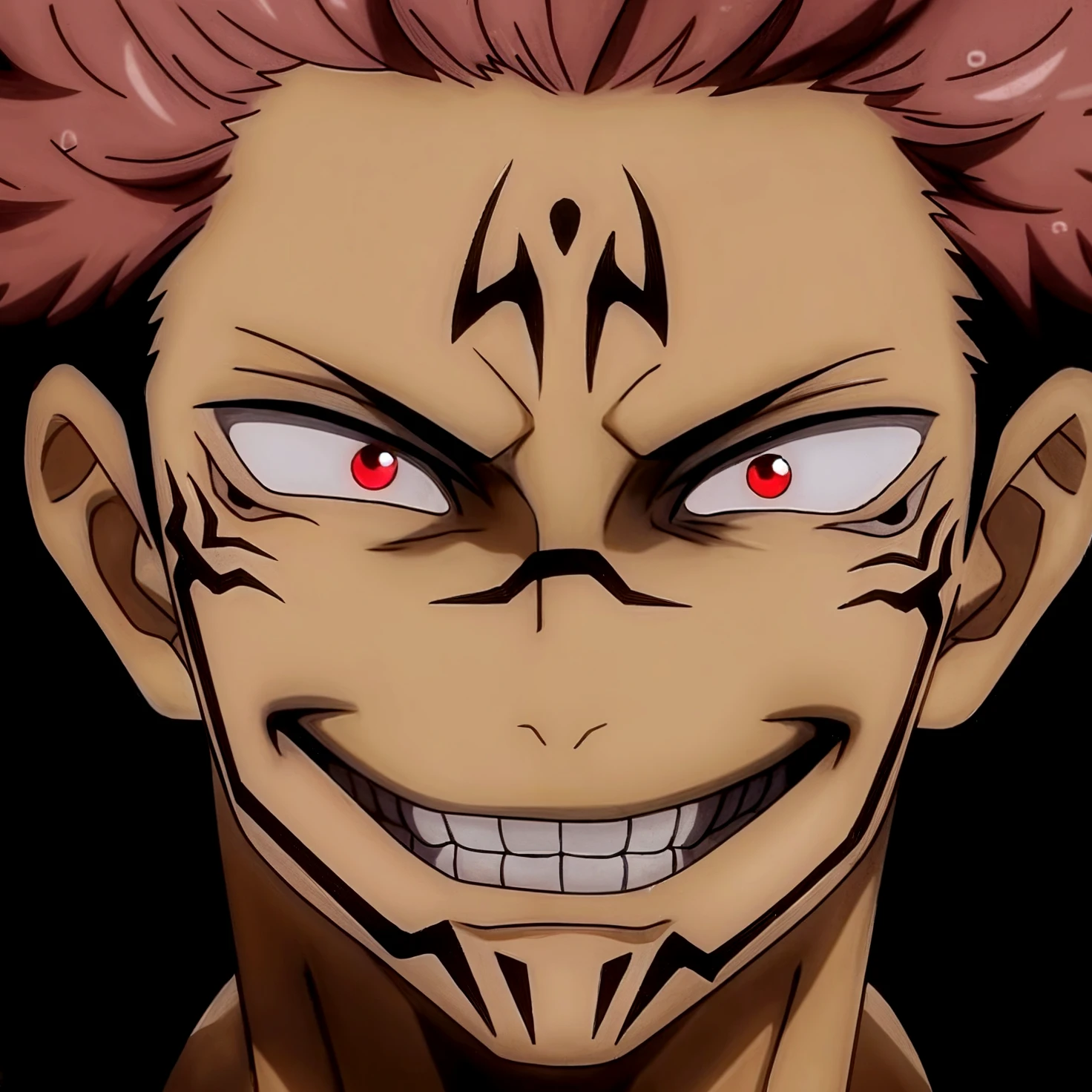 Hombre con el rostro amenazante, venas pronunciadas, sangre saliendo de sus ojos y boca, piel rojiza, brown hair, black-eyed sclera, dientes, fondo blanco