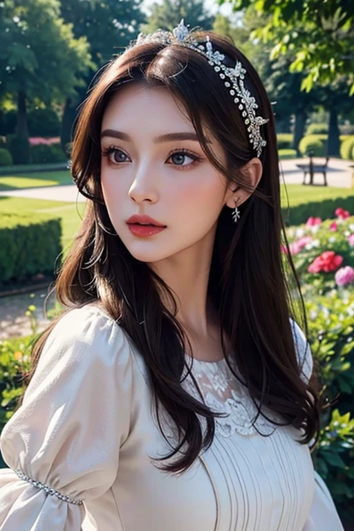 Eastern European beauty、A stunning beauty in her late 30s、Brunette Long Hair、Perfect Makeup、Royal women、Elegant Dresses、In the garden、Looking down on this from above、Bust Shot、Draw the details of the face carefully、