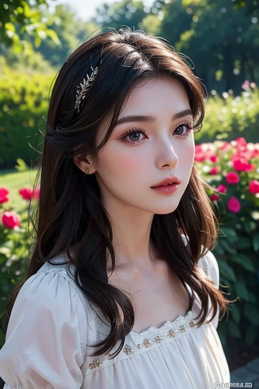 Eastern European beauty、A stunning beauty in her late 30s、Brunette Long Hair、Perfect Makeup、Royal women、Elegant Dresses、In the garden、Looking down on this from above、Bust Shot、Draw the details of the face carefully、