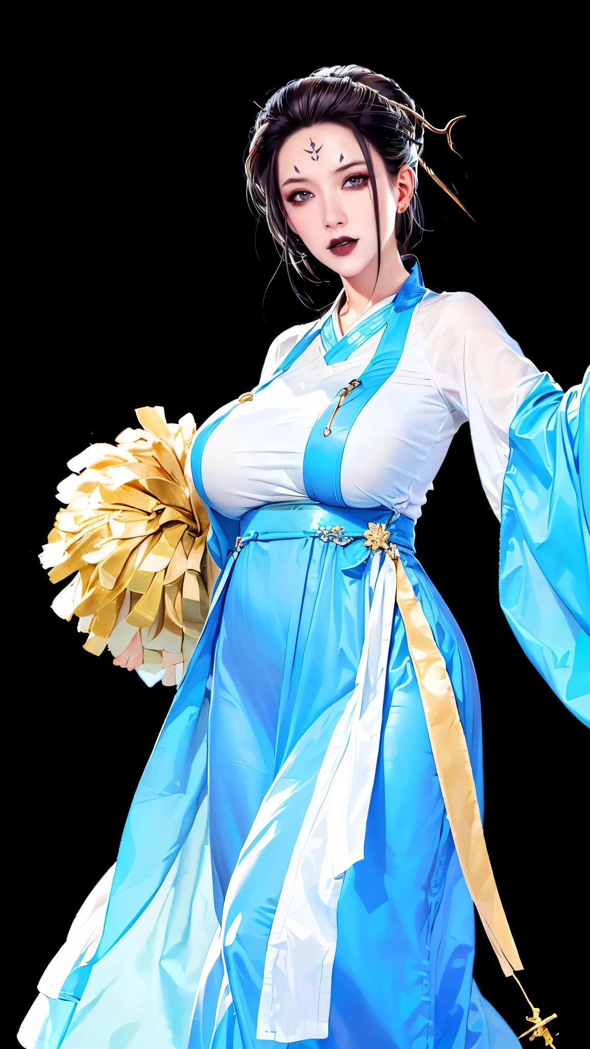 (（（figure，御姐figure,White and tender skin,(((Hanfu,blue and gold Hanfu))),(((black hair,hair ornament,hair stick,makeup,forehead mark,facial mark,lipstick,black lips,))),((masterpiece)),highres,((Best quality at best)),masterpiece,quality,Best quality,(（（ Exquisite facial features,Looking at the audience,There is light in the eyes, happy，cheer））），Huge breasts，Black background））），((((a girl, very happy, )))),