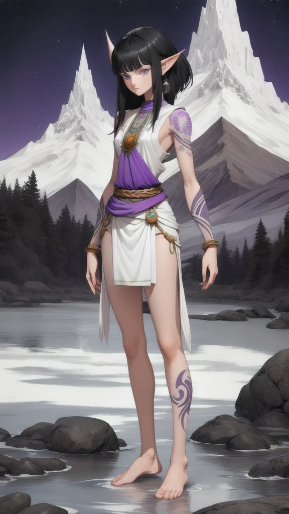 Black-haired, gray-white skinned woman with pointed ears，indian clothing，Purple full body tattoo，short man，Bare arms，Bare waist，slim figure，Bare Legs，barefoot，Standing，Mountain stream