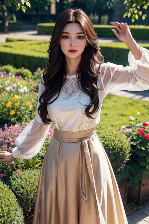 Eastern European beauty、A stunning beauty in her late 30s、Brunette Long Hair、Perfect Makeup、Royal women、Elegant Dresses、In the garden、Grabbing the hem of her skirt and striking a cute pose、Draw the details of the face carefully、