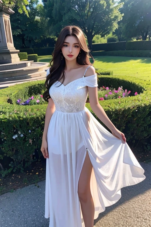 Eastern European beauty、A stunning beauty in her late 30s、Brunette Long Hair、Perfect Makeup、Royal women、Elegant Dresses、In the garden、Grabbing the hem of her skirt and striking a cute pose、Draw the details of the face carefully、