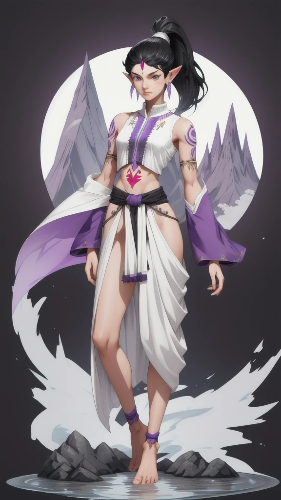 Black-haired, short ponytail, gray-white skinned woman with pointed ears，indian clothing，Purple full body tattoo，short man，Bare arms，Bare waist，slim figure，Bare Legs，barefoot，Standing，Mountain stream