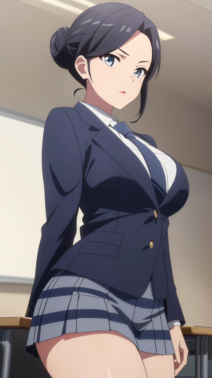 (masterpiece, best quality, 8k), amazing, finely detail, Depth of field, 20 years old, (beautiful detailed eyes),(hair bun:1.2), cowboy shot,(school uniform, navy blue blazer, tie, white shirt, checkered miniskirt, thighs, classroom), large breasts,