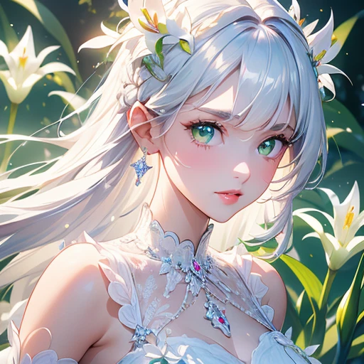 (（masterpiece、high quality、High resolution、detailed、4K、8k）、A beautiful princess with a lily flower motif（Beautiful 1 girl、Silver long hair、Disheveled Hair、White skin、Beautiful sparkling green eyes、Red lips、Sharp jaw、Shiny diamond chain earrings、She is wearing a beautiful and delicate dress with silver lace.。）、The background of the screen is filled with many white lilies.、Fantasy、dynamic、The wind blows、Impressive scale、wallpaper、Absurd、Close-up、
