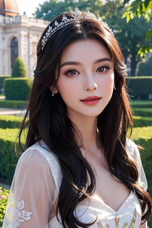 Eastern European beauty、A stunning beauty in her late 30s、Brunette Long Hair、Perfect Makeup、Royal women、Elegant Dresses、In the garden、Elegant smile、Bust Shot、Draw the details of the face carefully、