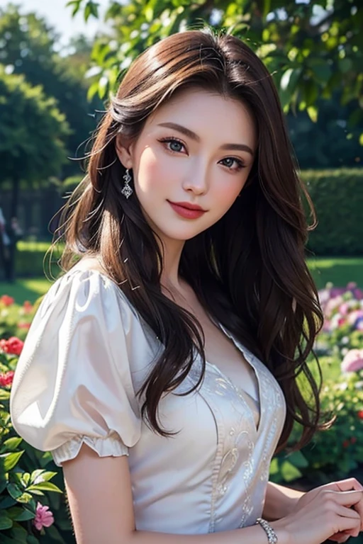 Eastern European beauty、A stunning beauty in her late 30s、Brunette Long Hair、Perfect Makeup、Royal women、Elegant Dresses、In the garden、Elegant smile、Bust Shot、Draw the details of the face carefully、