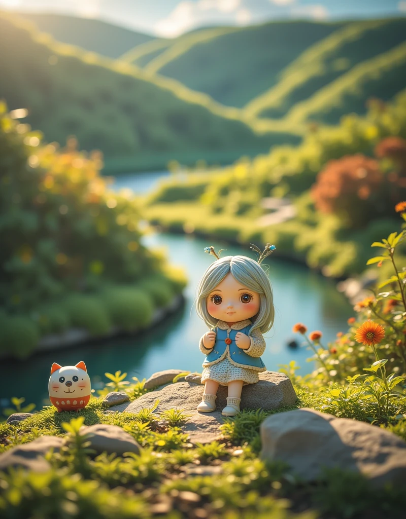 A cute baby chibi anime girl , blue and white hanfu, is planting vegetables in a garden, surrounded by various vegetables. Behind the scene are mountains, a river flows by. The sunlight hits her face. Sunset. A bucket of water is placed beside her.smiling.