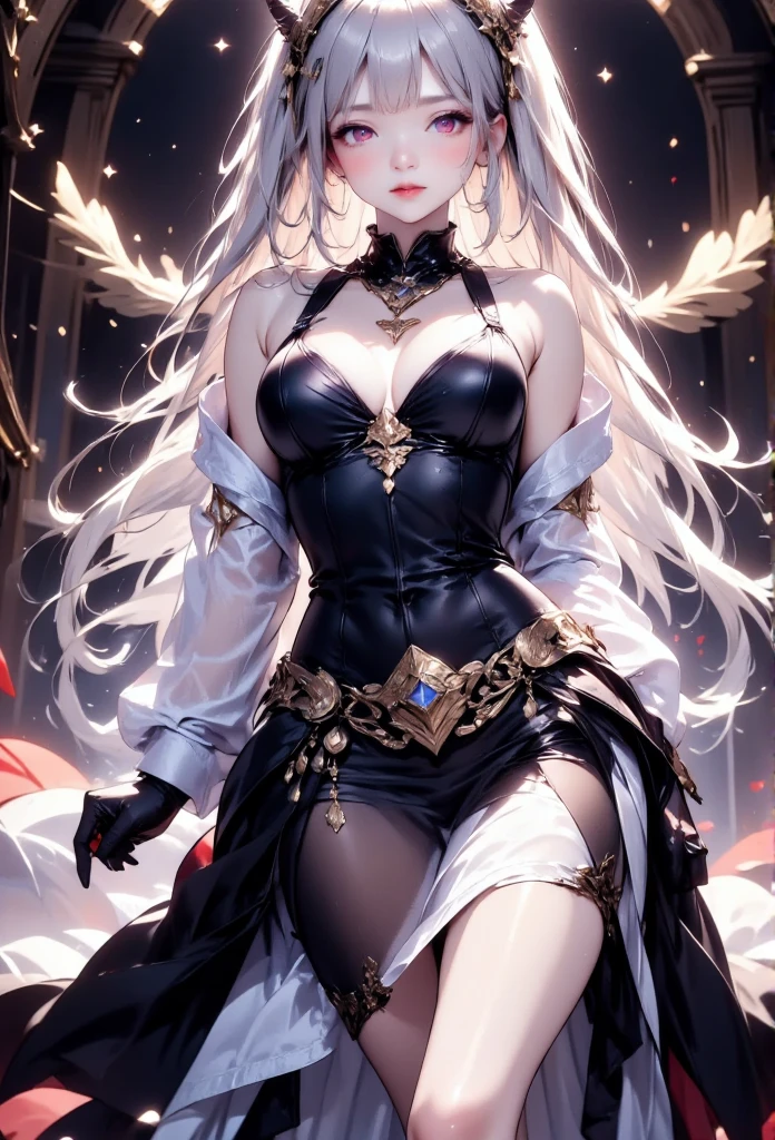 Young beautiful woman,(Best Quality,Extremely detailed depiction,Incredibly absurd high definition,Anatomically accurate,Detailed pupil,Beautiful legs,Porcelain-like skin,High quality anime drawings:2.0),(Black and white gothic maid outfit,Maid Skirt,corset,Black tights),eyelash,(Silver Hair,Red Eyes,Eyes half closed:2.0,Unfriendly expression:2.0,Large Breasts,Black lips:2.3,Heavy makeup,Mouth open:2.0),(whole body),background:Castle,Bright atmosphere,Pose to welcome guests,Dramatic lighting