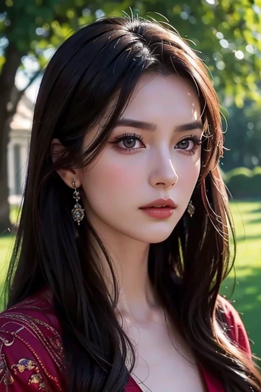 Eastern European beauty、A stunning beauty in her late 30s、Brunette Long Hair、Perfect Makeup、Royal women、Elegant Dresses、In the garden、He glares at me a little angrily.、Bust Shot、Draw the details of the face carefully、