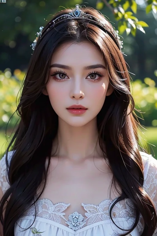 Eastern European beauty、A stunning beauty in her late 30s、Brunette Long Hair、Perfect Makeup、Royal women、Elegant Dresses、In the garden、He glares at me a little angrily.、Bust Shot、Draw the details of the face carefully、