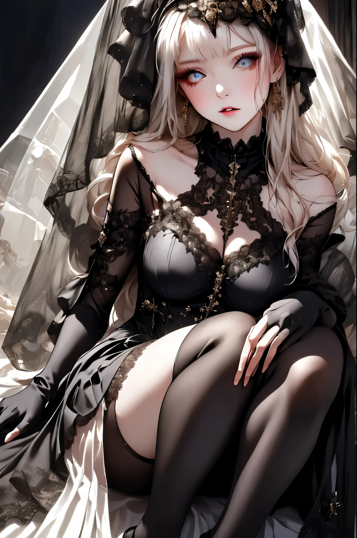 from the knees up image、Stand、((masterpiece, best quality, Very detailed, High resolution)), alone, beautiful girl, Shining Eyes, Perfect Eyes, , Black White Gold theme, Gothic style,　elegantic gothic dress, pantyhose, Lace Veil, Lace Gloves. Flexible lines of the body
