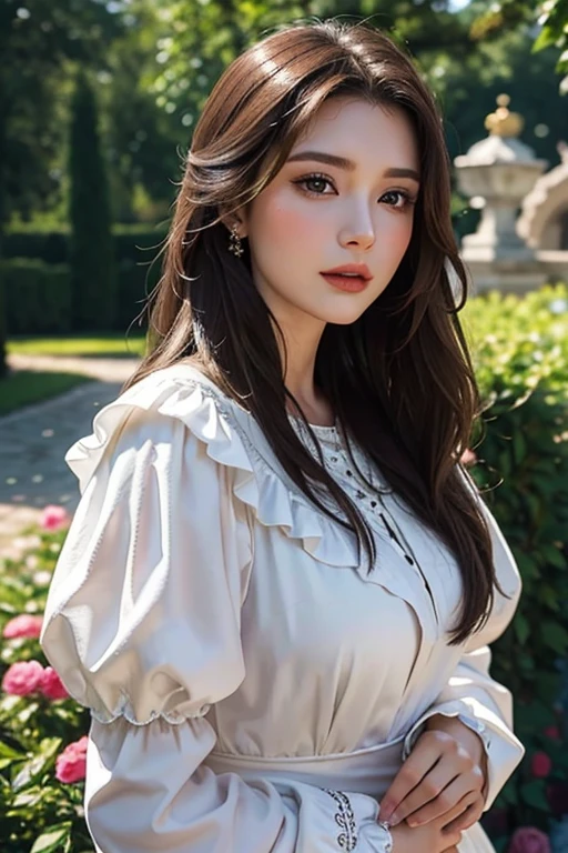 Eastern European beauty、A stunning beauty in her late 30s、Brunette Long Hair、Perfect Makeup、Royal women、Elegant Dresses、In the garden、Crying with a sad face、Bust Shot、Draw the details of the face carefully、