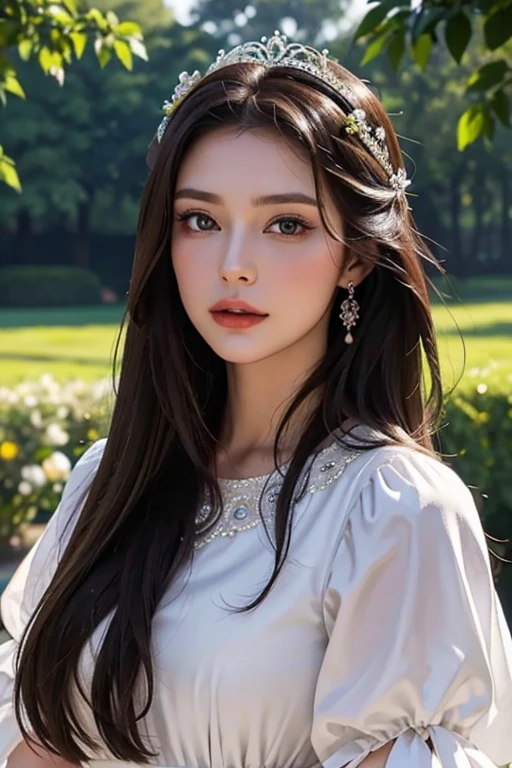 Eastern European beauty、A stunning beauty in her late 30s、Brunette Long Hair、Perfect Makeup、Royal women、Elegant Dresses、In the garden、Crying with a sad face、Bust Shot、Draw the details of the face carefully、