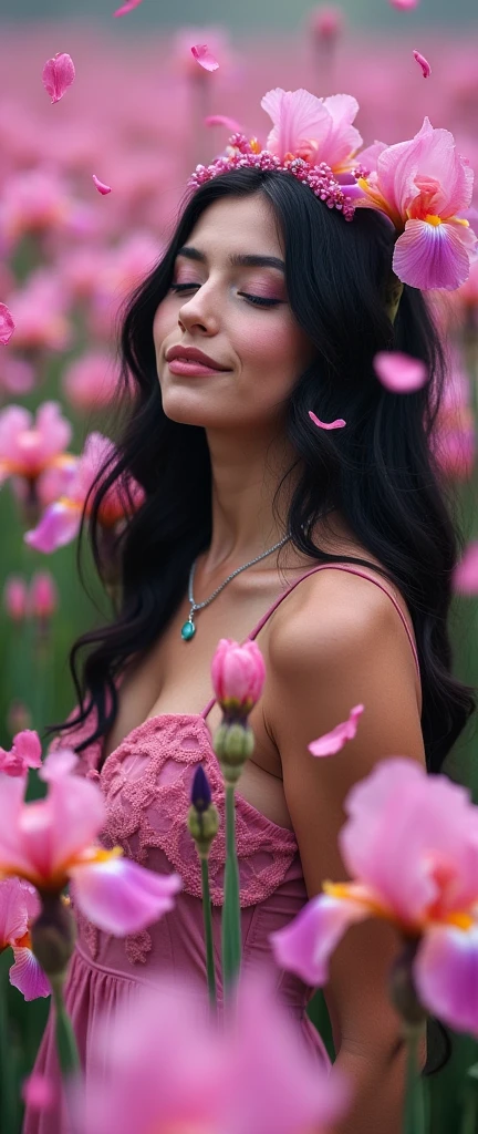 A surreal and captivating photograph of a woman with midnight black hair, standing amidst a mesmerizing field of vibrant pink irises. The flowers surround her, swirling and dancing in an enchanting vortex, their delicate petals caressing her bare skin. Her eyes are closed, lost in the blissful scent of the blooms that envelop her, creating a captivating fusion of natural beauty and feminine power. The irises radiate outward from her body, forming intricate, kaleidoscopic patterns that blur the line between reality and dreams. Petals float through the air like delicate butterflies, some catching in her hair and adorning her like a floral crown. In this surreal and almost psychedelic scene, the woman embodies the essence of the flowers themselves, a goddess rising from the depths of nature's vibrant wildlife photography, vibrant, photo, wildlife photography