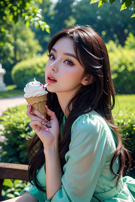 Eastern European beauty、A stunning beauty in her late 30s、Brunette Long Hair、Perfect Makeup、Royal women、Elegant Dresses、In the garden、Holding and licking a peppermint green soft serve ice cream、Bust Shot、Draw the details of the face carefully、