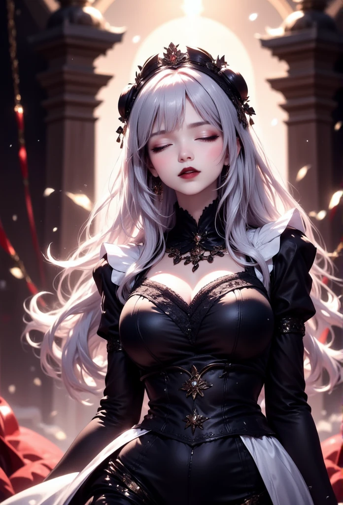(masterpiece:1.5, Highest quality, Very detailed、 Dutch Angle、Semi-realistic、Fantasy)(One Girl, alone)(White and beautiful hair:1.4,,Straight Long Hair)(Dress in black tones、Fantasyの衣装)、((Off the shoulder、Mid-chest、ruby necklace))(Beautiful cleavage、Legs wrapped in tights)(Beautiful starry sky、Mystical Night、Particles of light float around the woman、Fantasy space) Waiting to start