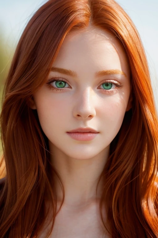 French redhead with green eyes,　Beautiful green eyes,　Portrait of an ****ung woman with long red hair, round face, Red Hair,  A pretty and attractive face illuminated by the golden hour sun, Shiny red hair, There is a hawk, Ultra-realistic, 32K,  Natural Skin, Textured skin, 