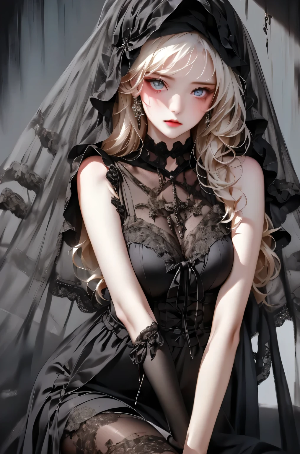 from the knees up image、Stand、((masterpiece, best quality, Very detailed, High resolution)), alone, beautiful girl, Shining Eyes, Perfect Eyes, , Black White Gold theme, Gothic style,　elegantic gothic dress, black dress, pantyhose, Lace Veil, Lace Gloves. Flexible lines of the body
