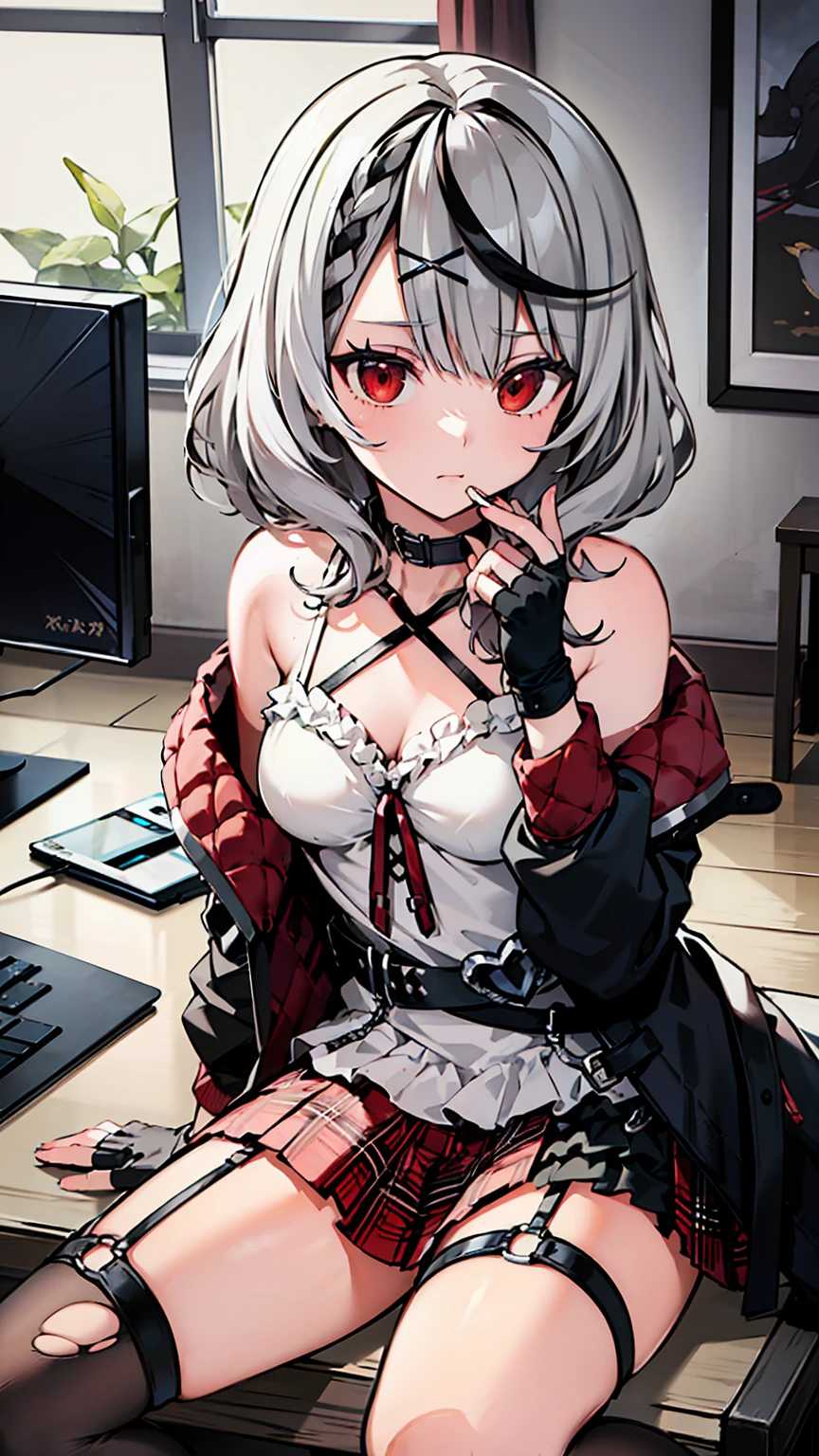 ((masterpiece, Best Quality, High resolution)), Depth of written boundary, 
break, One girl, Gaming Chair, Game Hair Sitting, Have a game,
break, (indoor), pc, pc display,   
break, (Sakemachi Chloe, Garter Straps, Fingerless gloves, Torn knee socks, Grey Hair, Multicolored Hair, Checkered skirt, Clevis, x Hair accessories, Red Skirt, Black Color, White camisole, chest, Braiding, black belt, Medium Hair, Black Jacket, Food Up, Checkered ribbon), ((Red eyes)), ((Beautiful fine details))