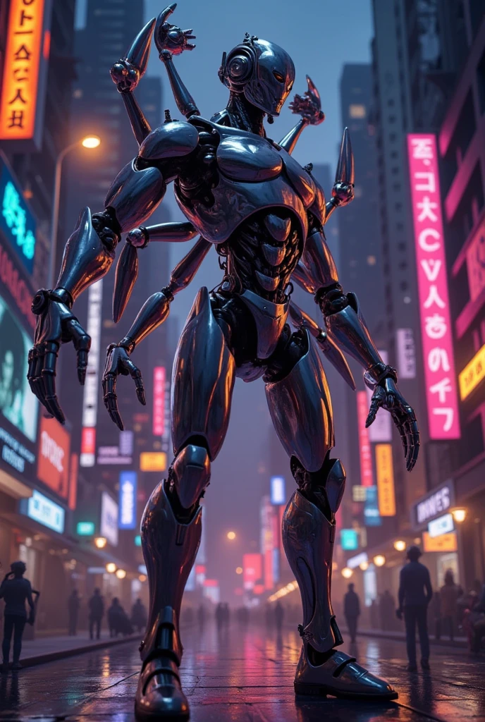 1 cyberpunk cyborg, multi armed robot, intricate mechanical details, complex machinery, futuristic technology, glowing neon lights, cinematic dramatic lighting, dystopian urban landscape, metallic textures, glossy reflections, (best quality,4k,8k,highres,masterpiece:1.2),ultra-detailed,(realistic,photorealistic,photo-realistic:1.37),cinematic composition,moody atmosphere