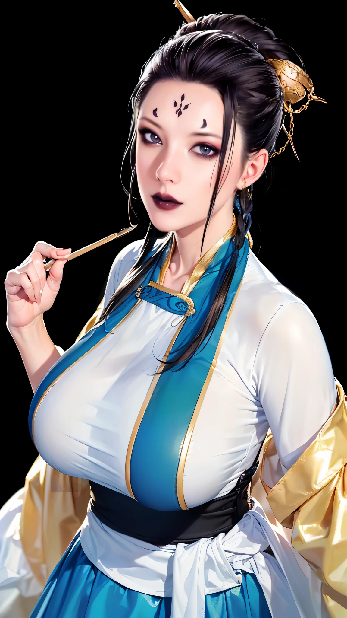 (（（figure，御姐figure,White and tender skin,(((Hanfu,blue and gold Hanfu))),(((black hair,hair ornament,hair stick,makeup,forehead mark,facial mark,lipstick,black lips,))),((masterpiece)),highres,((Best quality at best)),masterpiece,quality,Best quality,(（（ Exquisite facial features,Looking at the audience,There is light in the eyes, happy，cheer））），Huge breasts，Black background））），((((a girl, very happy, )))),