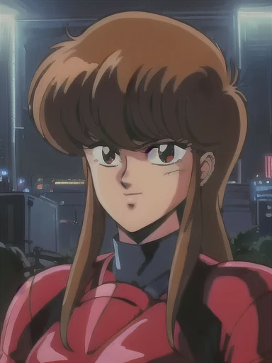 (masterpiece), (absurd), (high aesthetic sense), (absolute resolution), (Priscilla S. Asagiri), Bubblegum Crisis, Knight Sabers, ((Kenichi Sonoda)), ((red and black sexy racing suit, on)), (futuristic red bike), ((long hair, redhead, on)), (joyful laughter, erotic expression, on), looking at the viewer, Tokyo cityscape, light beam, cinematic lighting, (stunning face, symmetrical clear eyes, detailed eyes and face, detailed body, on), one girl, late teens, side lock, motoslave, original 80s video, artmic, AIC