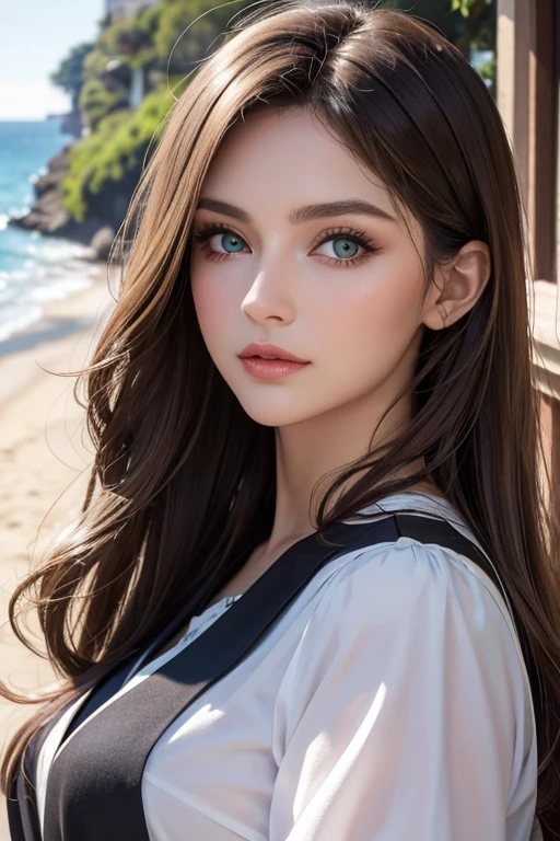 Southern European beauty、Mature woman in her 30s、Rich, dark blonde medium-length hair、Green Eyes、Perfect Makeup、Aristocratic woman、Casual and stylish fashion、Bust Shot、On the coast of Nice、