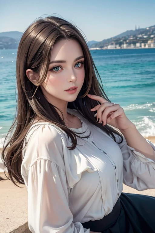 Southern European beauty、Mature woman in her 30s、Rich, dark blonde medium-length hair、Green Eyes、Perfect Makeup、Aristocratic woman、Casual and stylish fashion、Bust Shot、On the coast of Nice、