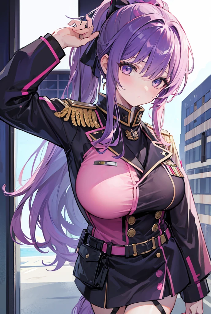 アニメ,Beautiful highschool girl,Standing Picture,long pink hair,Emo,dynamism,A sexy,big boob,Wearing a beret,military outfit