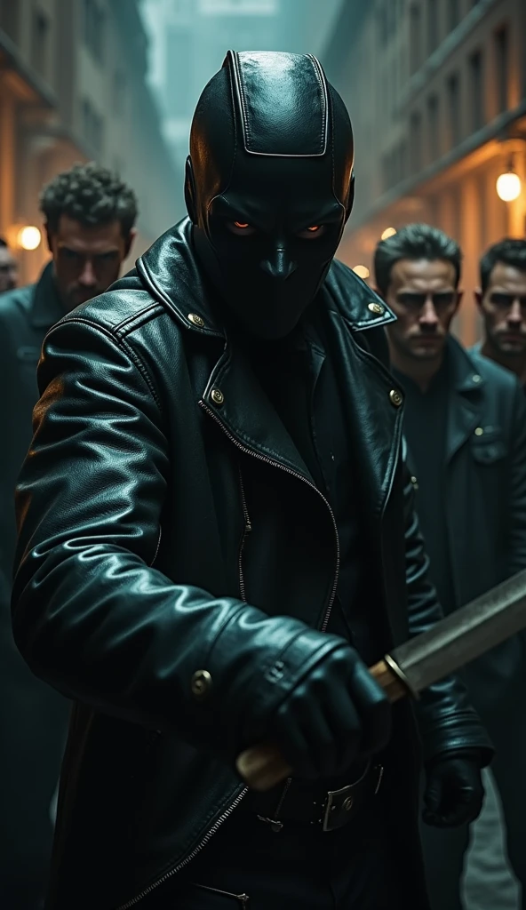 Masked Guy in full Leather with Knife forced young Men
