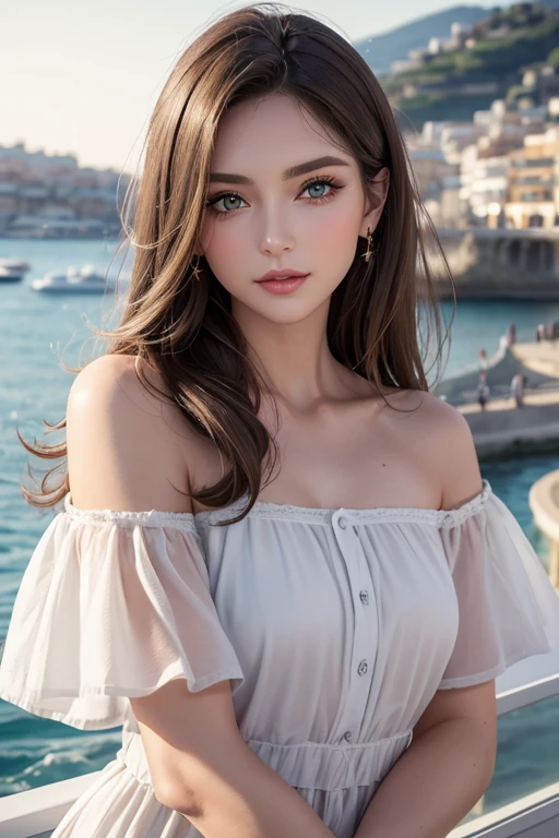 Southern European beauty、Mature woman in her 30s、Rich, dark blonde medium-length hair、Green Eyes、Small wrinkles around the eyes、Perfect Makeup、Aristocratic woman、Casual and stylish fashion、Bust Shot、On the coast of Nice、