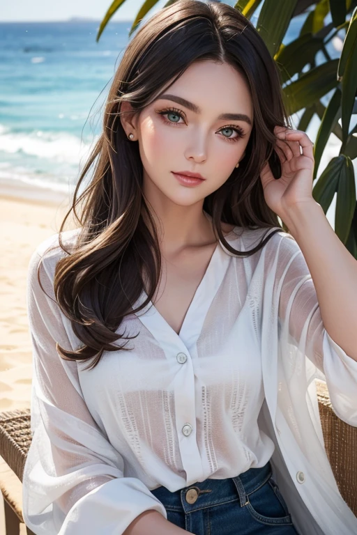 Southern European beauty、Mature woman in her 30s、Rich, dark blonde medium-length hair、Green Eyes、Small wrinkles around the eyes、Perfect Makeup、Aristocratic woman、Casual and stylish fashion、Bust Shot、On the coast of Nice、