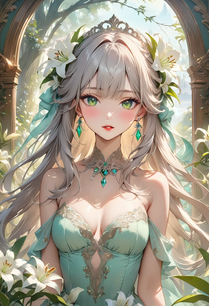 (（masterpiece、high quality、High resolution、detailed、4K、8k）)、Lily white flower、A beautiful princess inspired by lilies（A beautiful girl、Silver long hair、Disheveled Hair、White skin、Beautiful sparkling green eyes、Red lips、Sharp jaw、Diamond Earrings、Wearing a beautiful and delicate dress with silver lace、Staring straight at me、）、On the screen, many white lilies are blooming around her.。Fantasy Style、Dynamic composition、Image of wind blowing、Overwhelming scale、Soft and natural light、wallpaper、Absurd、Front face、Close-up、Advertisement style