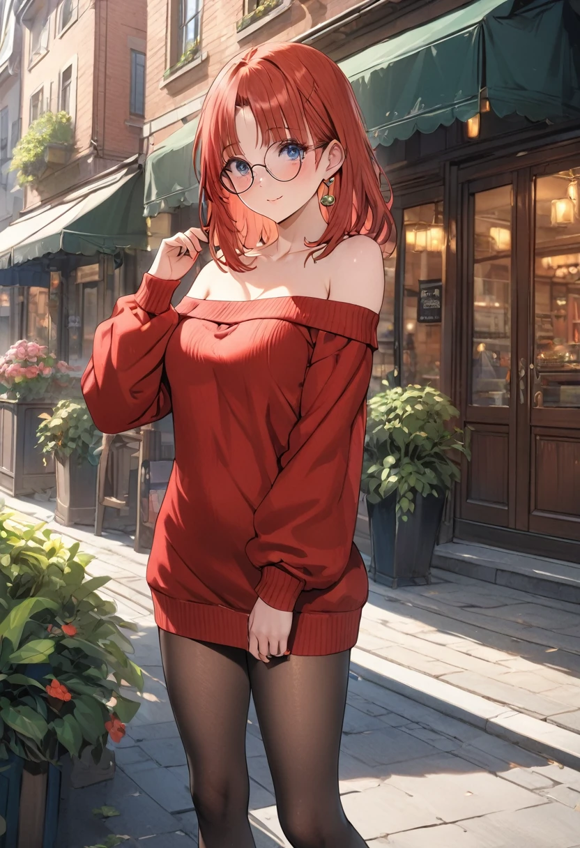 1 women, BREAK bare shoulders, collarbone, dress, long sleeves, off shoulder, off-shoulder dress, off-shoulder sweater, pantyhose, red sweater, sweater, sweater dress, thighs, long legs, big , skinny legs, anime cover, full body, nilou, niloudress, frilled, street, best quality, masterpiece), 1women ,4k, 8k, uhd, hdr, detailed background,mature female, wearing round glasses