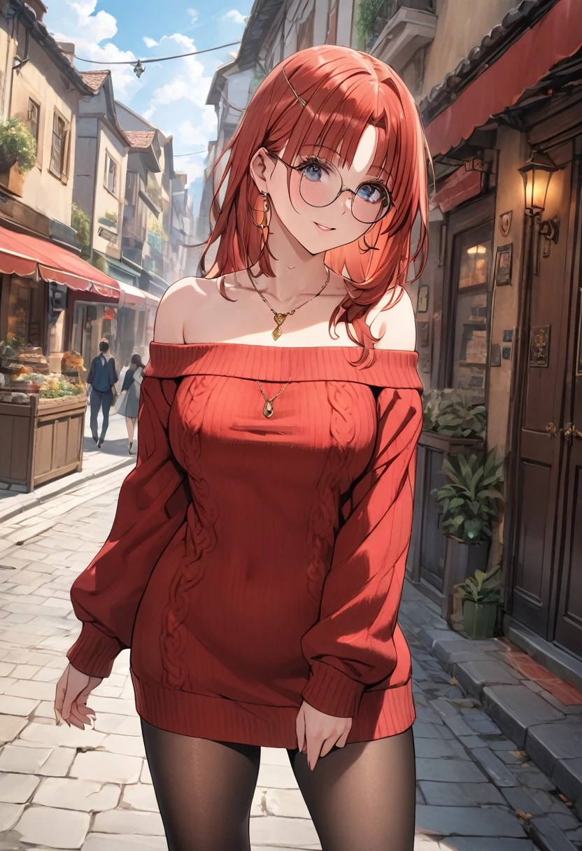 1 women, BREAK bare shoulders, collarbone, dress, long sleeves, off shoulder, off-shoulder dress, off-shoulder sweater, pantyhose, red sweater, sweater, sweater dress, thighs, long legs, big , skinny legs, anime cover, full body, nilou, niloudress, frilled, street, best quality, masterpiece), 1women ,4k, 8k, uhd, hdr, detailed background,mature female, wearing round glasses