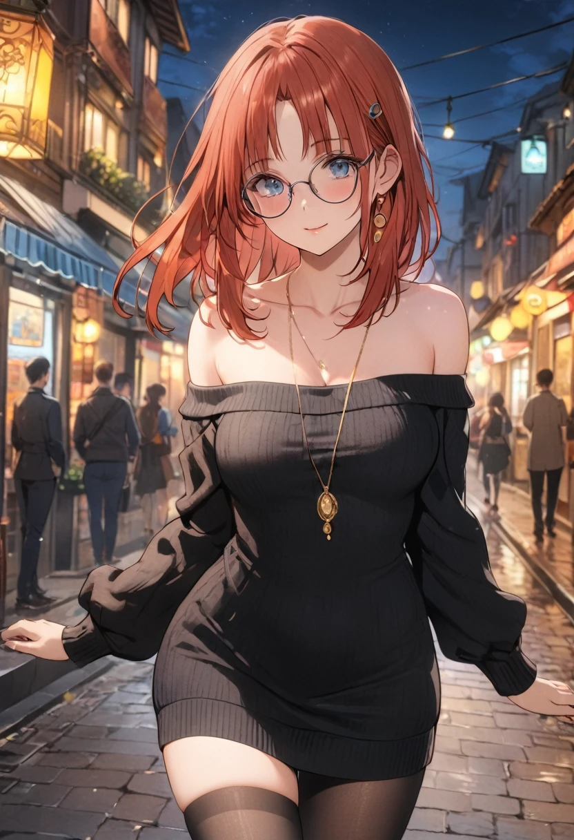 1 women, BREAK bare shoulders, collarbone, dress, long sleeves, off shoulder, off-shoulder dress, off-shoulder sweater, pantyhose, red sweater, sweater, sweater dress, thighs, long legs, big , skinny legs, anime cover, full body, nilou, niloudress, frilled, street, best quality, masterpiece), 1women ,4k, 8k, uhd, hdr, detailed background,mature female, wearing round glasses