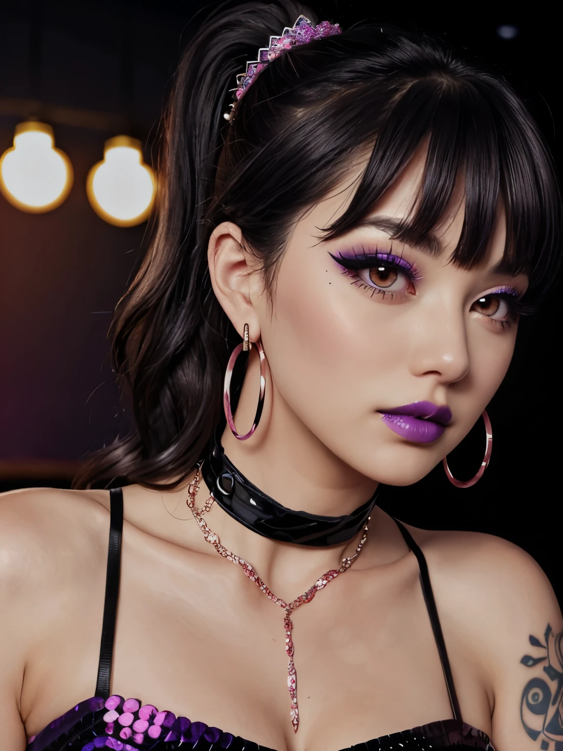 1girl, purple lips, black hair, sequin dress, tattoo, disco club, eyeliner, blush, makeup, mascara, eye shadow, wavy hair, choker, pale skin, breasts, hoop earrings, head tilt, ponytail, seductive look