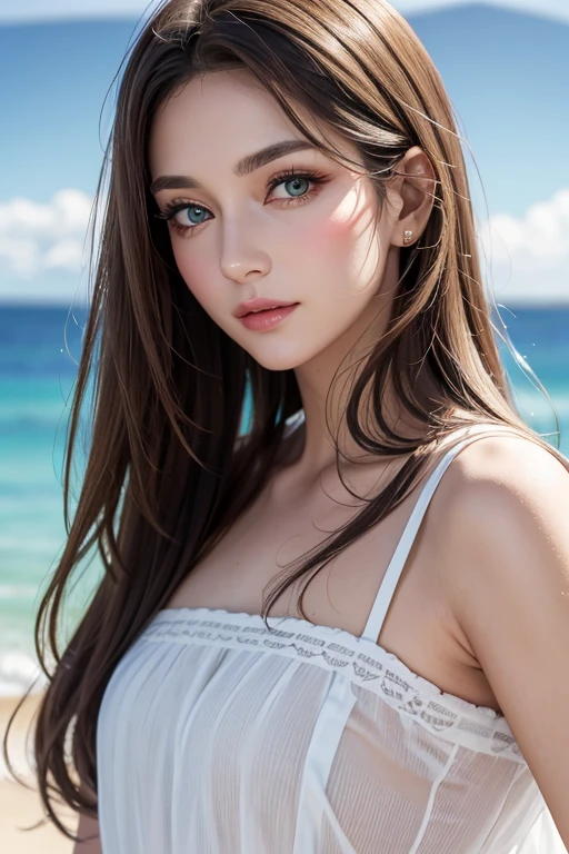 Southern European beauty、Mature woman in her 30s、Rich, dark blonde medium-length hair、Small wrinkles around the eyes、I also have some nasolabial folds.、Green Eyes、Perfect Makeup、Aristocratic woman、Casual and stylish fashion、Bust Shot、On the coast of Nice、